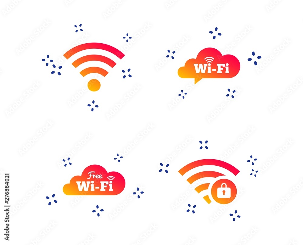 Poster free wifi wireless network cloud speech bubble icons. wi-fi zone locked symbols. password protected 