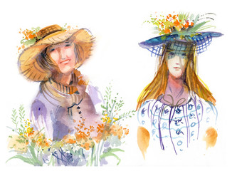 Women's portraits, Ladies in hats, watercolor - 276884037