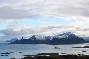 Beautiful islands and coast on Lofoten in Norway during sunset.