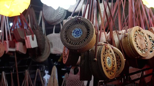 Round rattan eco bags for women at street marken in Bangkok, Thailand