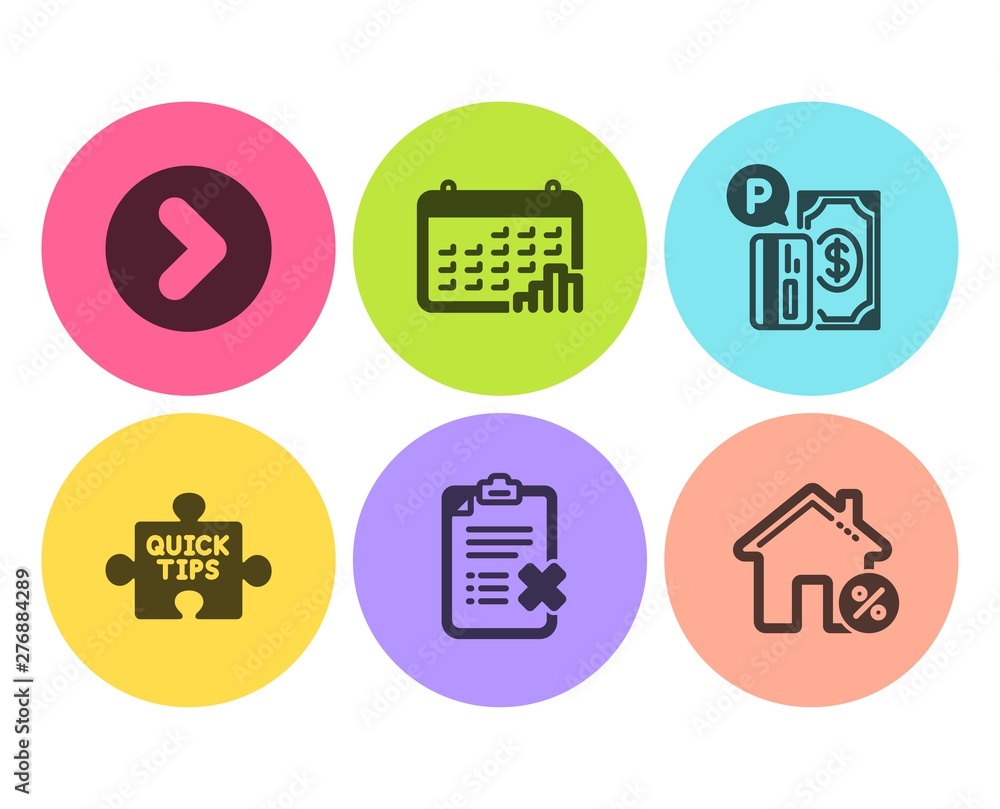 Poster parking payment, reject checklist and calendar graph icons simple set. quick tips, forward and loan 