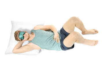 Fototapeta premium Sleeping man with mask on white background