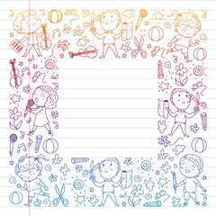 Creative kids dancing, sing, playing football, playing guitar, violin, making models from paper. Gradient drawing on exercise notebook.