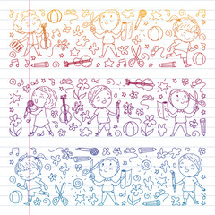 Creative kids dancing, sing, playing football, playing guitar, violin, making models from paper. Gradient drawing on exercise notebook.