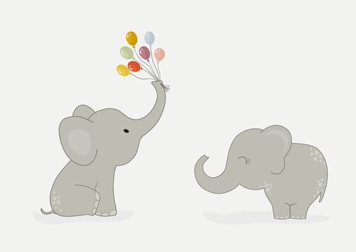 Two cute elephants with colorful balloons
