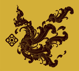 Dark brown thai pattern naga shape adapt with water shape made of vector art on Golden background - obrazy, fototapety, plakaty