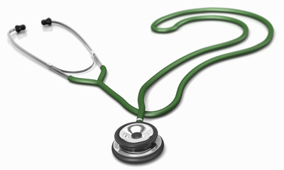 A stethoscope with a green tube, isolated on a slightly reflecting white background, forming a...