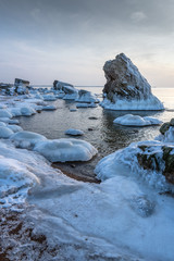 Ice on abandoned military fortifications on Baltic sea coast near Liepaja, Latvia.