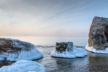 Ice on abandoned military fortifications on Baltic sea coast near Liepaja, Latvia.