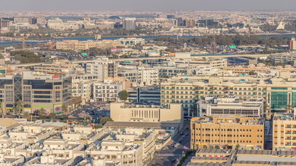 Aerial view of neighbourhood Deira with typical buildings timelapse, Dubai, United Arab Emirates