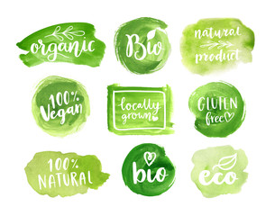 Eco, organic food labels. Vector green abstract hand drawn watercolor background. Natural, organic food, bio, eco design elements.