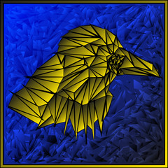 Bright volumetric yellow bird on a blue background.