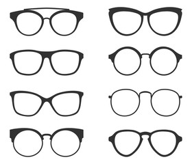 A set of glasses isolated. Vector glasses model icons. Sunglasses, glasses, isolated on white background. Silhouettes. Various shapes - stock illustration.