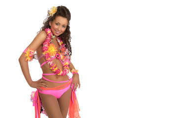 Happy, beautiful woman of Hawaii. Smile. Hula. Isolated white background. Costume party. © Embrace of Beauty