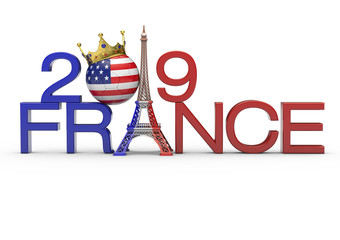 Fußball mit USA-Flagge, Krone und Eiffelturm-Frankreich-2019, 3D-Rendering