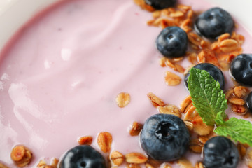 Yogurt with granola, blueberry and mint closeup