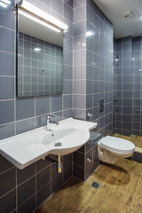 View of bathroom in gray and brown colors