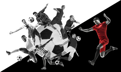 Male football or soccer players emotional while playing. Sportsmen of two team fighting for the goal. Creative black and white collage of 6 people. Movement, action, motion, sport and healthy