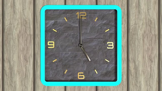 3d animation of square shape clock on the wall. Seamless pattern of time moving. 