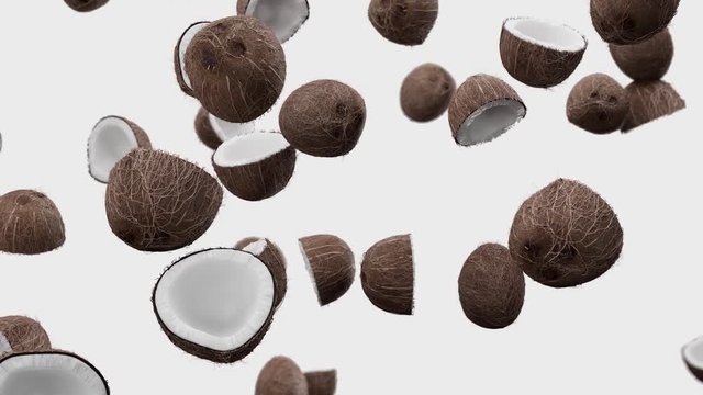 Falling coconuts on a white background