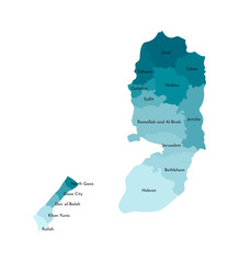 Vector isolated illustration of simplified administrative map of Palestine. Borders and names of the governorates (regions). Colorful blue khaki silhouettes