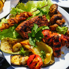 barbecue meat and vegetables closeup