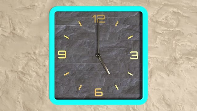 3d animation of square shape clock on the wall. Seamless pattern of time moving. 