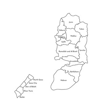 Vector isolated illustration of simplified administrative map of Palestine. Borders and names of the governorates (regions). Black line silhouettes