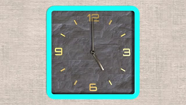 3d animation of square shape clock on the wall. Seamless pattern of time moving. 