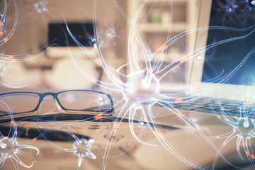 Neuron drawing with glasses on the table background. Concept of human brain. Double exposure.