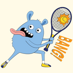 Cute tennis monster print for T-shirts, textiles, paper, web. Original design with sport monster. grunge design for boys and girls. monsters athletes involved in sports. blue doodle tennis player
