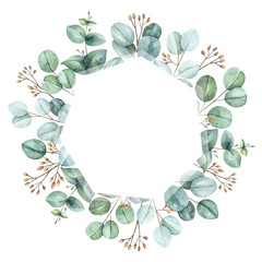 Eucalyptus leaves and branches. Watercolor floral frame is perfect for a wedding invitation
