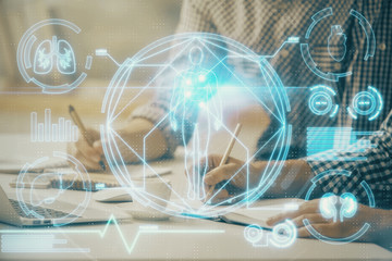 Science hologram with man working on computer on background. Concept of study. Double exposure.