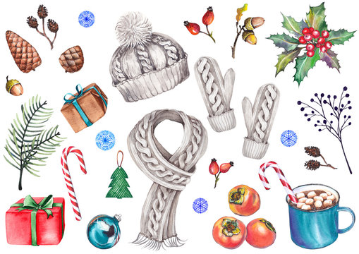 Winter set with knitted hat, scarf, mittens, coffee mug, gift boxes, holly berry, ball, cones, branches and snowflakes. Watercolor isolated on white background.