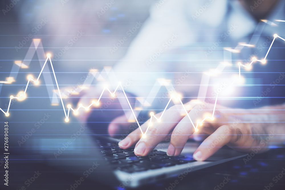 Poster Forex graph with businessman typing on computer in office on background. Concept of analysis. Double exposure.