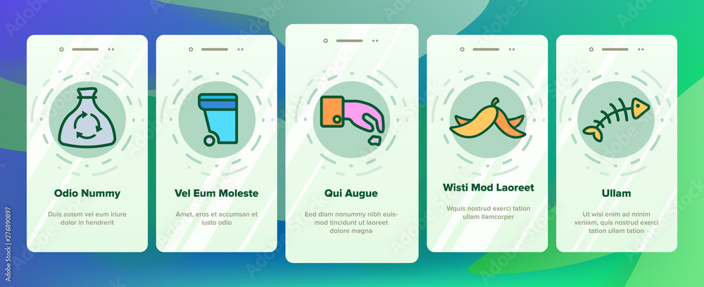 Poster garbage recycling vector onboarding mobile app page screen. trash, garbage line contour symbols pack