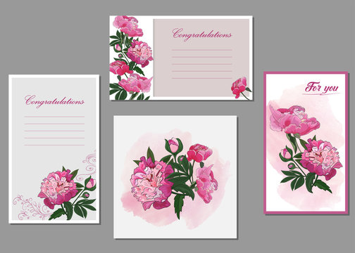 Cards for congratulations with pink flowers of peonies. Vector.