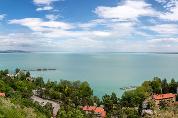 Fototapeta na wymiar Panoramic views of Lake Balaton from the observation deck at the Tihany Abbey. Hungary