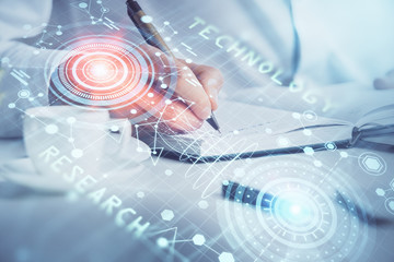 Human hands with tech theme double exposure drawings.