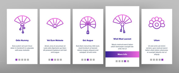 Handheld Elegant Fans Vector Onboarding Mobile App Page Screen. Ancient Women Foldable Fans Outline Symbols Pack. Japanese Traditional Festival Accessory. Chinese Classic Souvenir Illustrations © vectorwin
