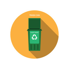 Vector isolated icon of open dark green trash can for plastic waste on the yellow background with shadow.
