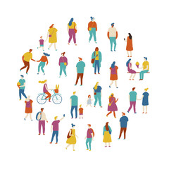 Crowd of people arranged in circle shape. Men and women kit. Different walking and running people. Outdoor. Male and female. Flat vector characters isolated on white background.	