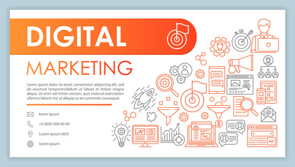 Digital marketing banner, business card vector template. Customer attraction, retention. Company contact with phone, email linear icons. SMM, SEO. Presentation, web page idea. Corporate print layout
