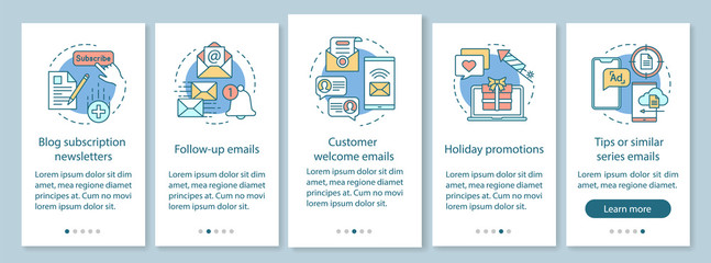 Email marketing onboarding mobile app page screen with linear concepts. Mass mailing. Emails and newsletters walkthrough steps graphic instructions. UX, UI, GUI vector template with illustrations