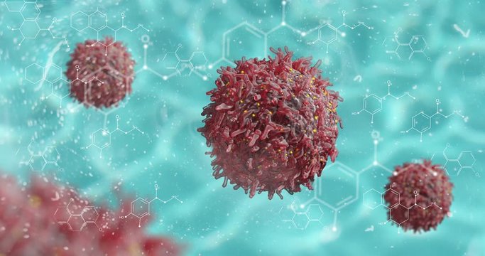  Cancer Cell Oncology Research Concept with protein particles Cancer Immunotherapy treatment concept DNA gene therapy 3D rendering 