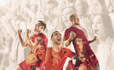 Obraz na płótnie Canvas Male football players emotional celebrating. Sportsmen of red and blue team after the goal. Soccer or football fans. Creative collage of 12 people. Movement, action, motion, sport and healthy