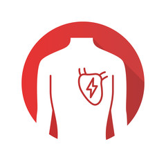 Ill heart flat design long shadow glyph icon. Sore human organ. People disease. Unhealthy cardiovascular system. Sick internal body part. Physical health. Vector silhouette illustration