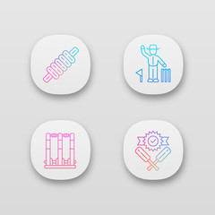 Cricket championship app icons set. Sport competition. Bail, stumps, win, umpire. Sporting gear, judge, victory. UI/UX user interface. Web or mobile applications. Vector isolated illustrations
