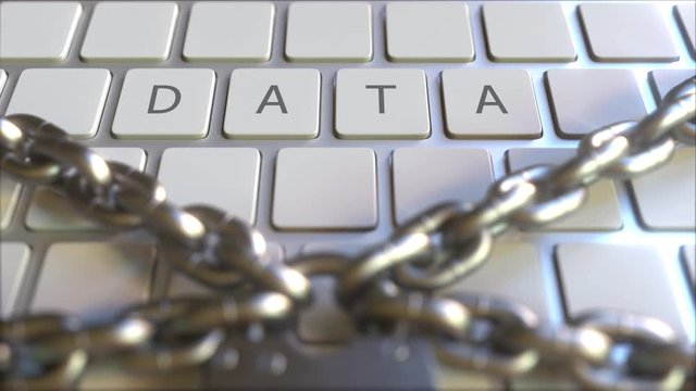 Padlock with chains on the keyboard with DATA text on keys. Conceptual 3D animation