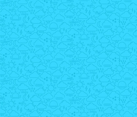 Weather linear icons vector seamless pattern. Turquoise background with clouds, sun, moon. Storm and rainy, windy weather forecast blue texture. Meteorology wallpaper, textile design